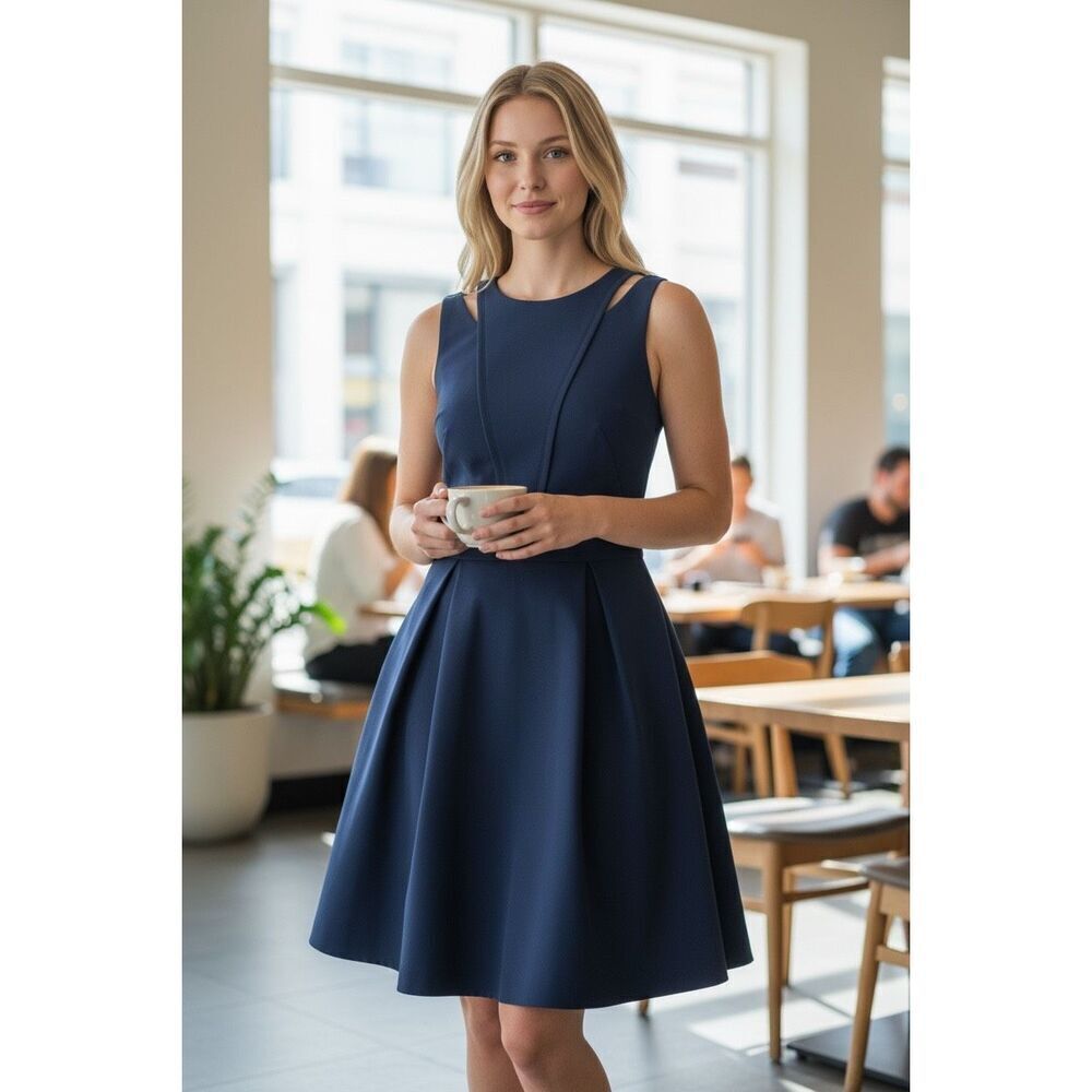 Armani Exchange Sleeveless High Neck Darted Structured A-line Dress Navy 0